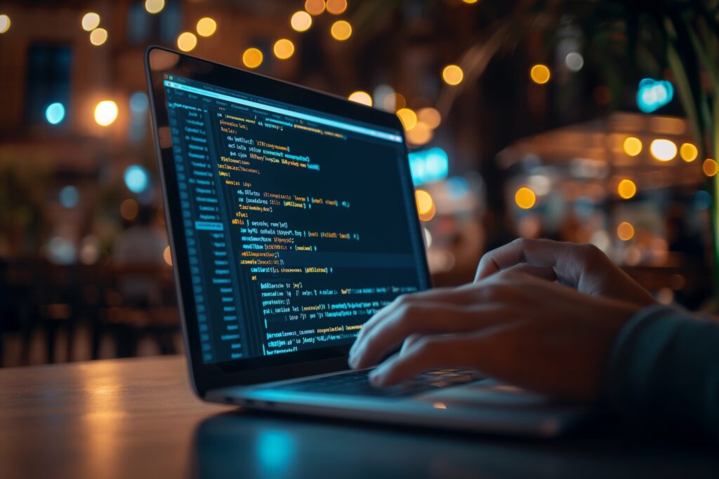 Hands typing on a laptop displaying code in a dimly lit café, with a warm, ambient background, portraying a modern tech workspace environment